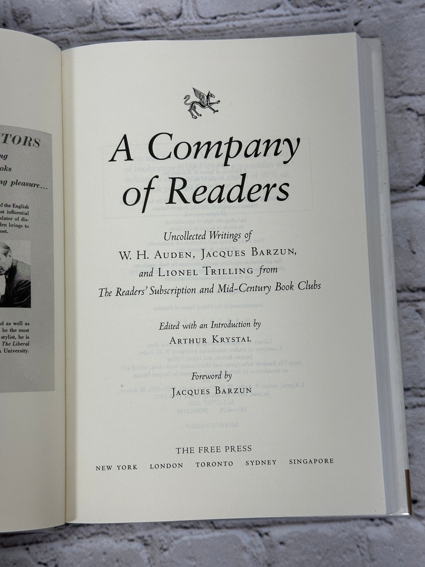 A Company of Readers: Uncollected Writings of Auden, Barzun, and Trilling [2001]