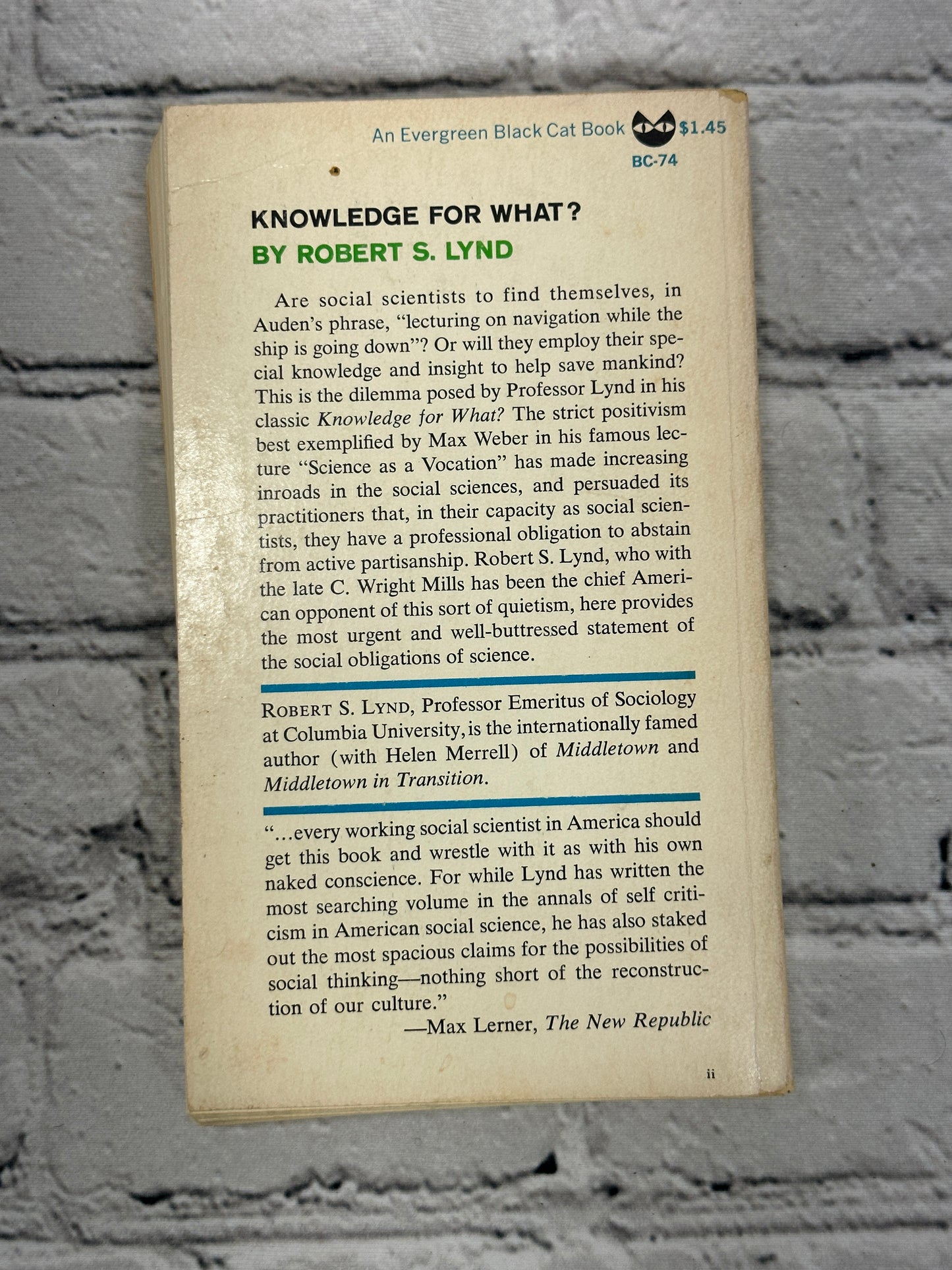 Knowledge for What? By Robert Lynd [1964 · First Evergreen Black Cat Edition]