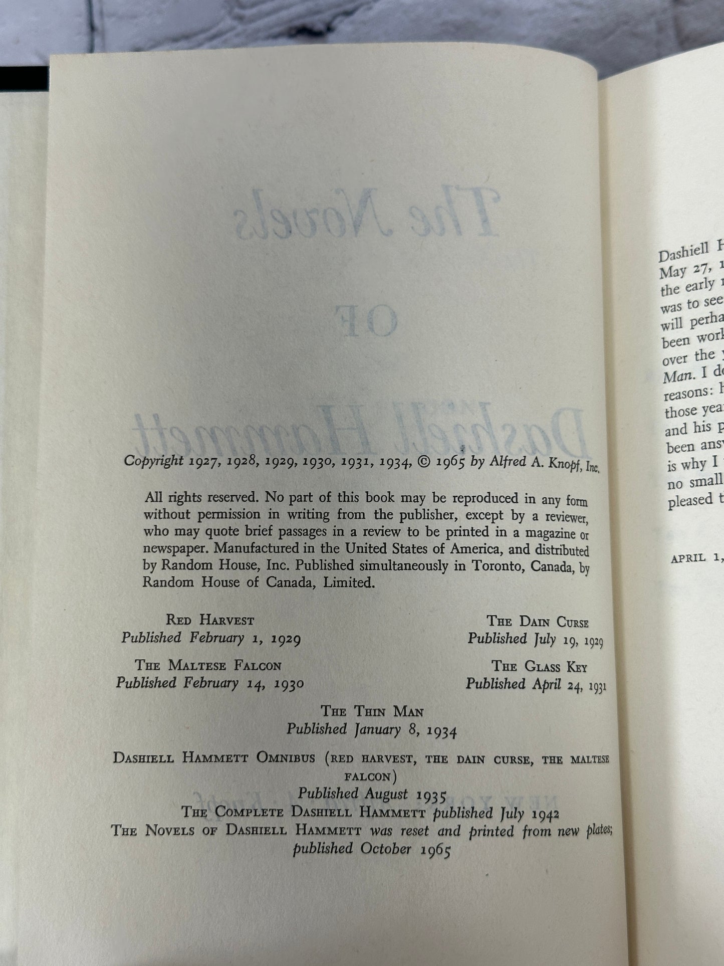 The Novels of Dashiell Hammett [Maltese Falcon · Book Club Edition · 1965