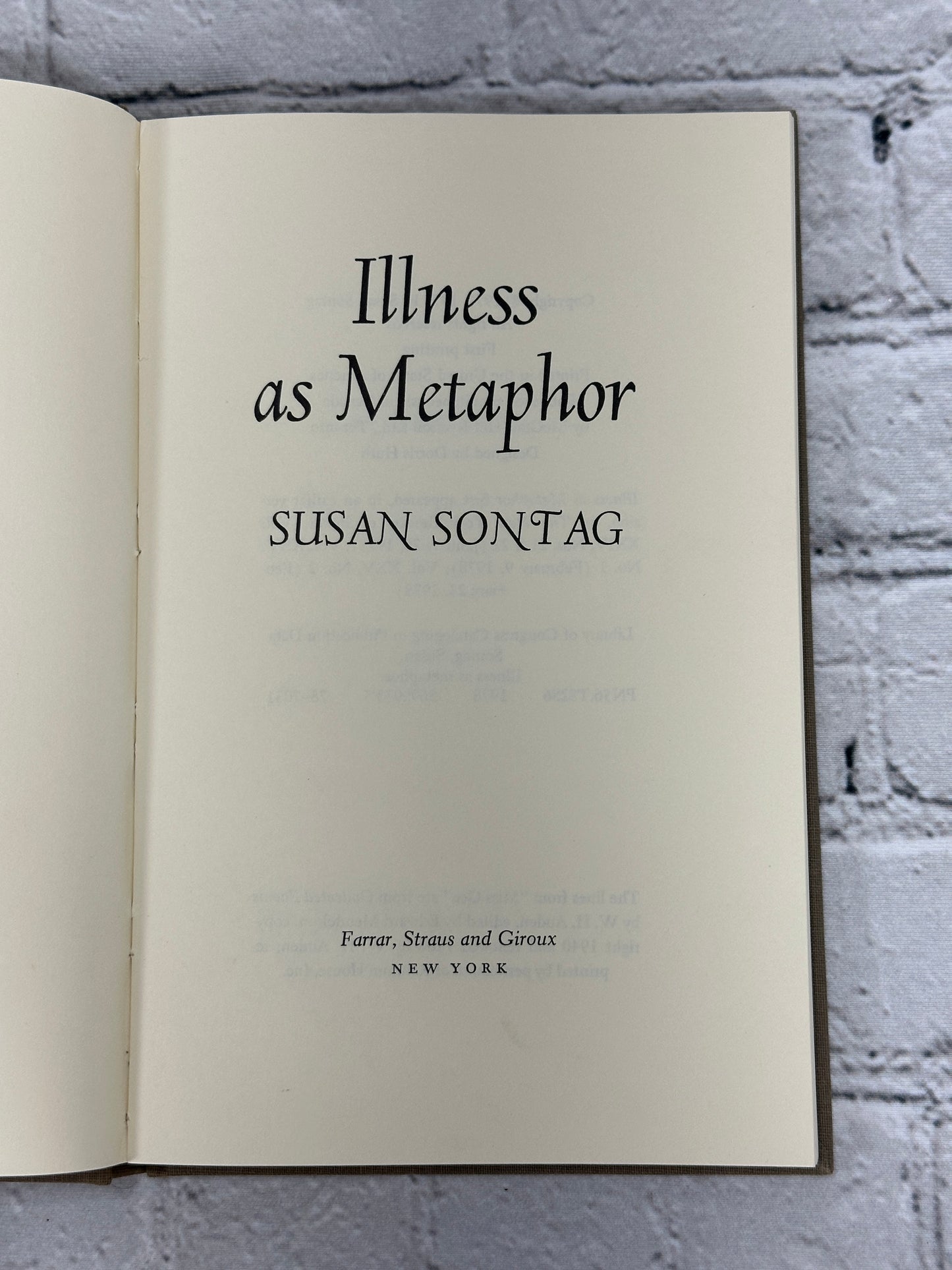 Illness as Metaphor By Susan Sontag [1st Printing · 1978]