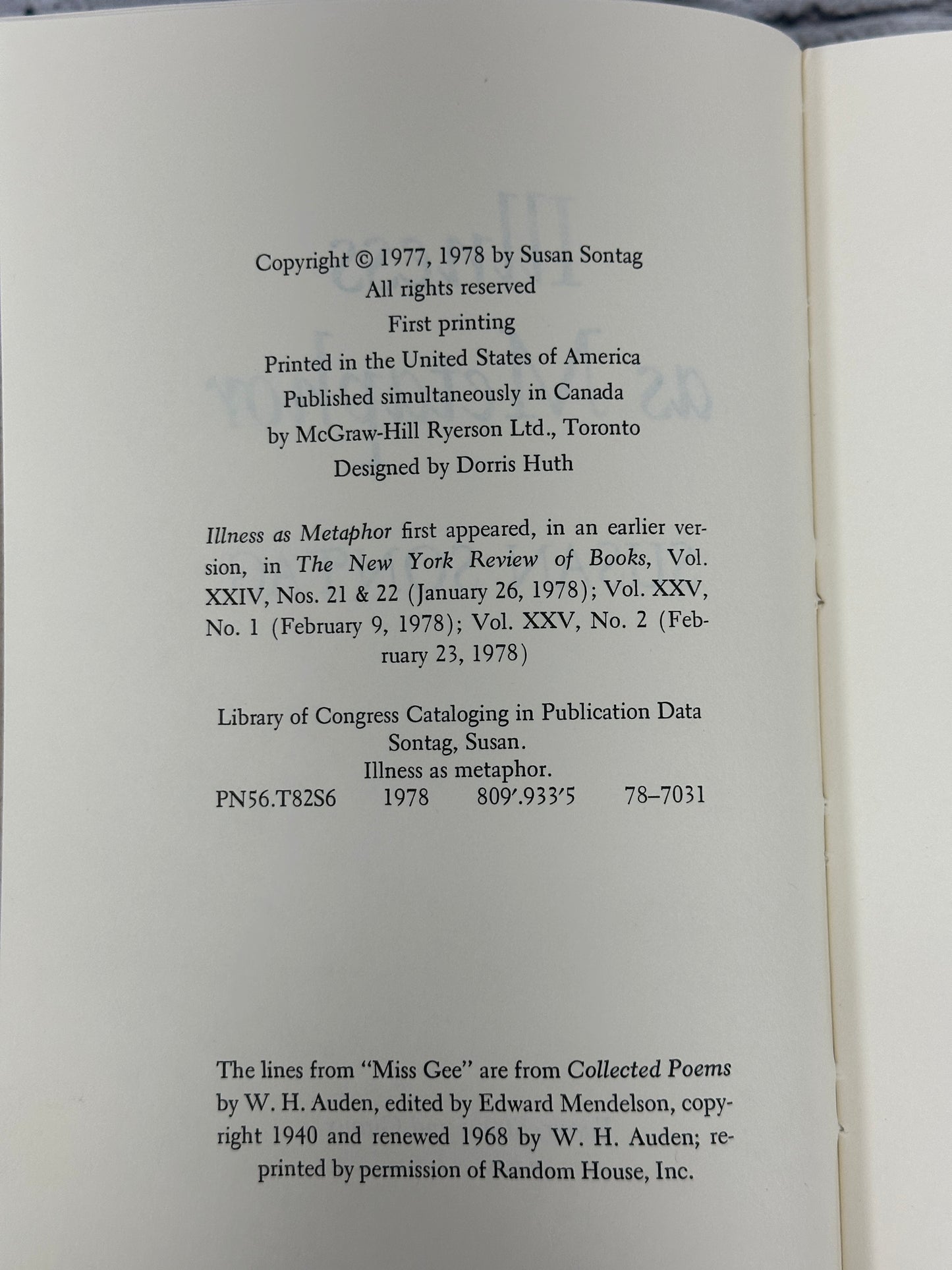 Illness as Metaphor By Susan Sontag [1st Printing · 1978]