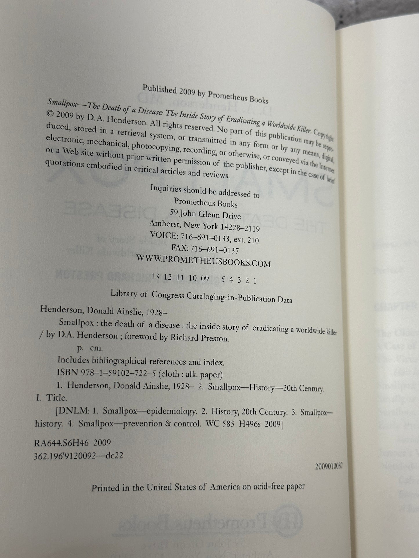 Smallpox: The Death of a Disease by D.A.Henderson [2009 · First Printing]
