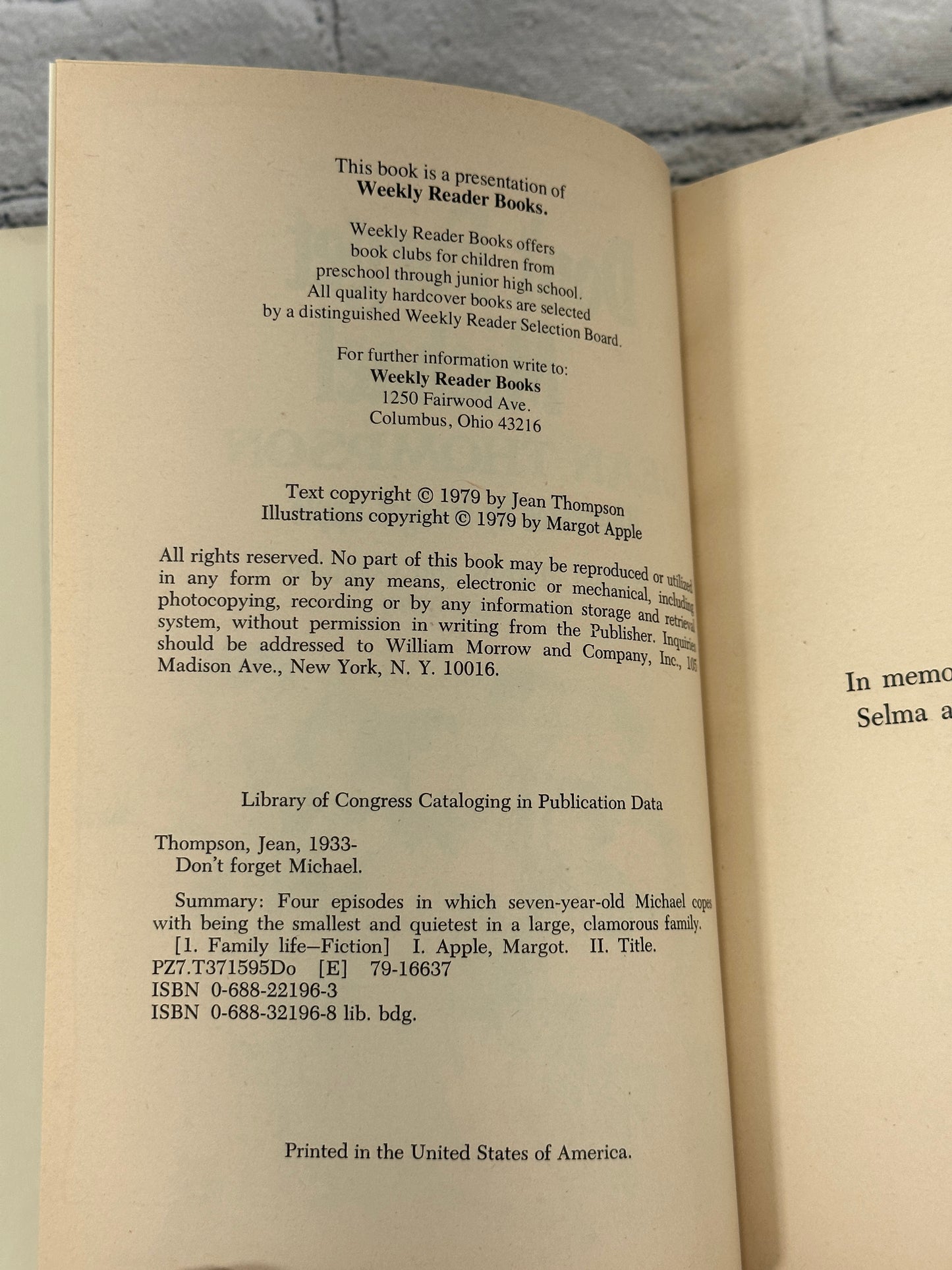 Weekly Reader Book presents Don't Forget Michael by Jean Thompson [1979]