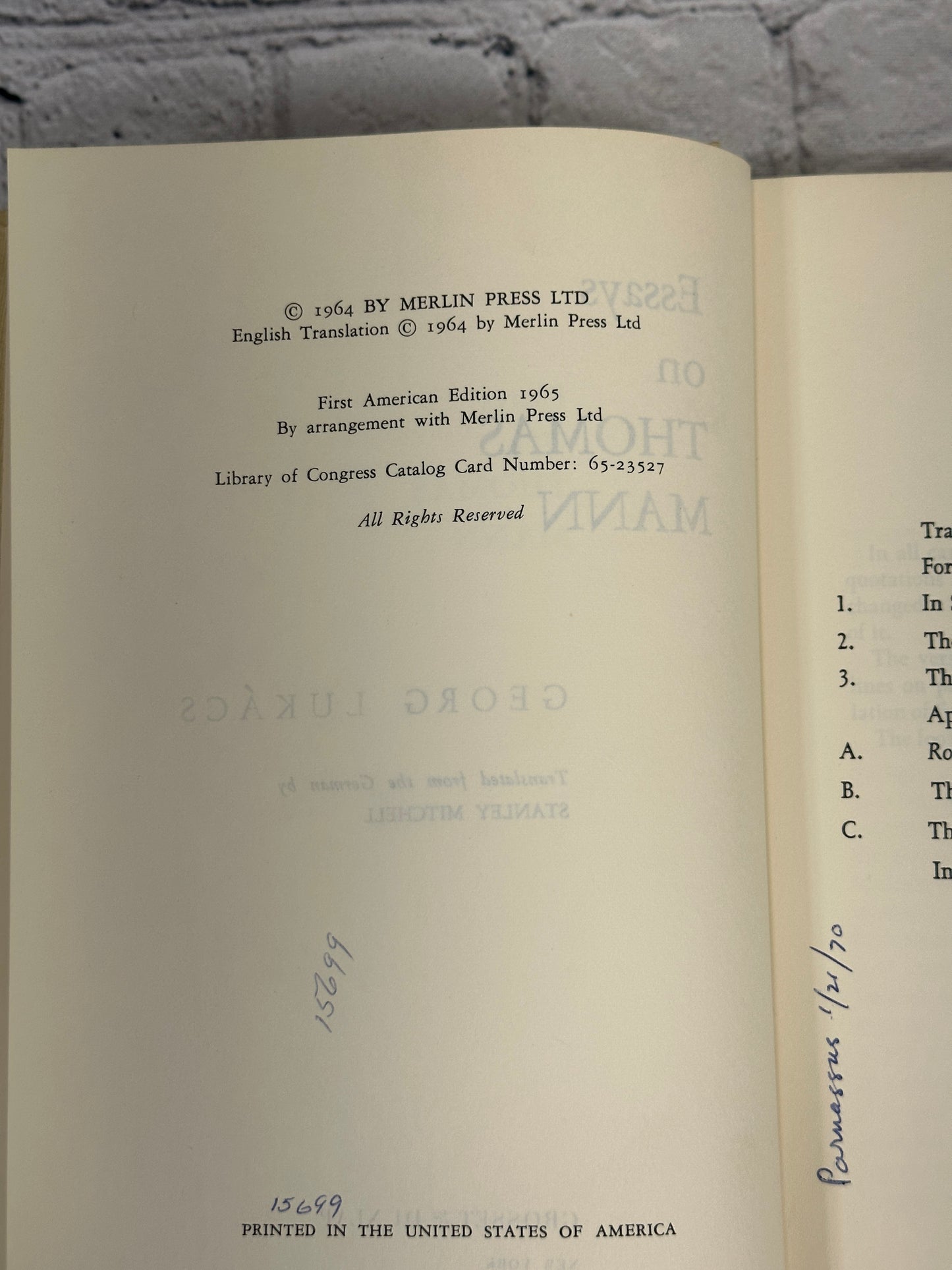 Essays on Thomas Mann By Georg Lukacs [1965 · First American Edition]