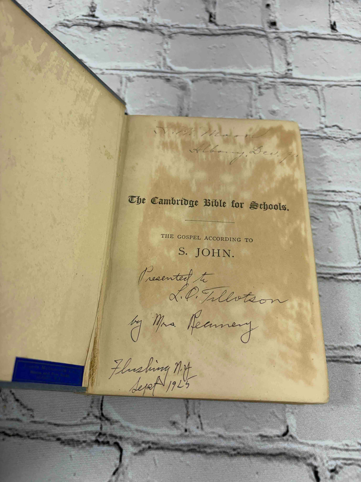 The Gospel According to S. John, Cambridge Bible for Schools, 1882 hardcover - title page with 1925 presentation inscription