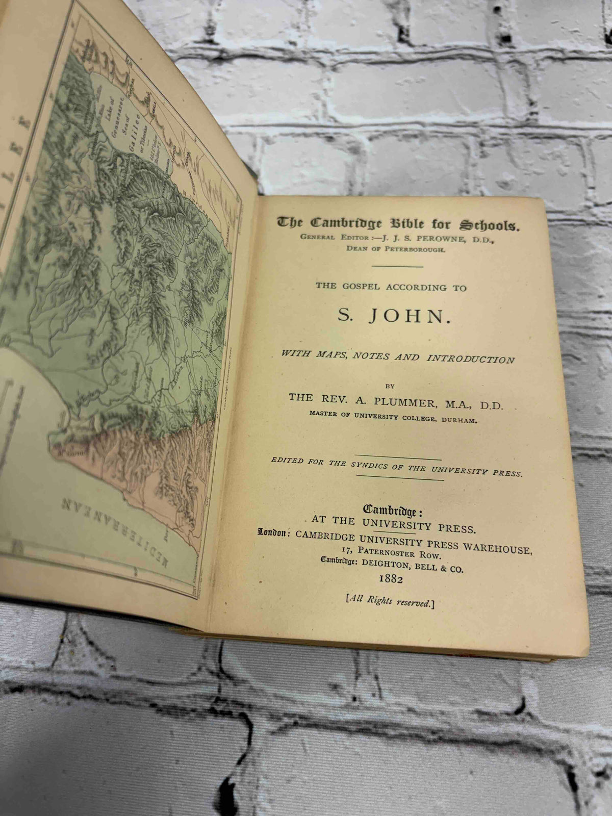 The Gospel According to S. John, Cambridge Bible for Schools, 1882 hardcover - map frontispiece and title page