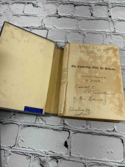 The Gospel According to S. John, Cambridge Bible for Schools, 1882 hardcover - front pastedown and inscribed title page