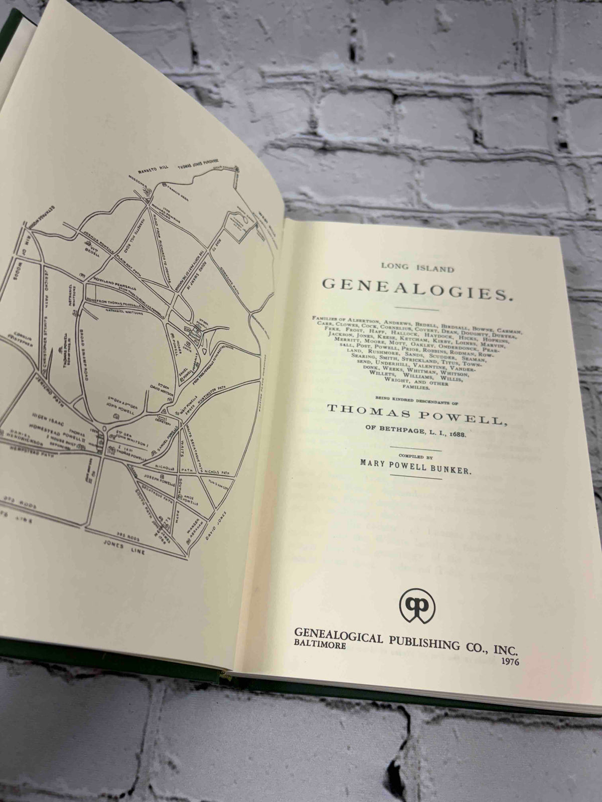 Long Island Genealogies by Mary Powell Bunker, 1976 hardcover reprint - map and title page