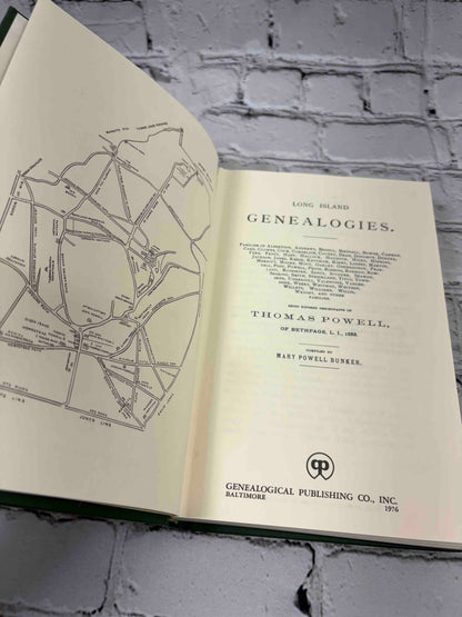 Long Island Genealogies by Mary Powell Bunker, 1976 hardcover reprint - map and title page