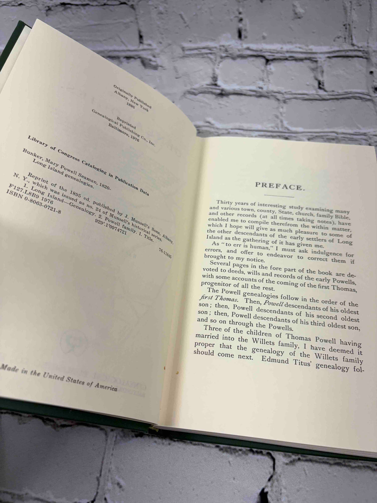 Long Island Genealogies by Mary Powell Bunker, 1976 hardcover reprint - copyright page and preface