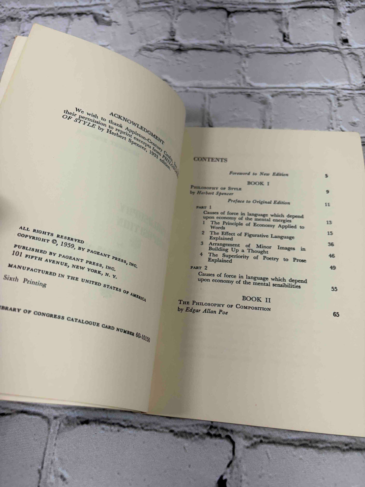 Philosophy of Style and The Philosophy of Composition, Spencer and Poe, 1959 Pageant Press paperback - copyright and contents