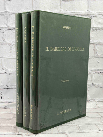 G. Schirmer Opera Vocal Scores Set of 3 by Rossini, Bizet and Offenbach, 1958-1962 hardcover - set standing with Il Barbiere di Siviglia front cover