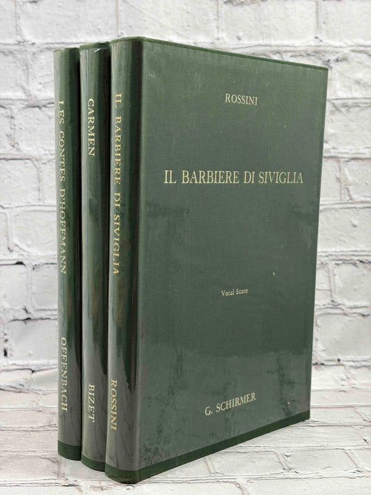 G. Schirmer Opera Vocal Scores Set of 3 by Rossini, Bizet and Offenbach, 1958-1962 hardcover - set standing with Il Barbiere di Siviglia front cover