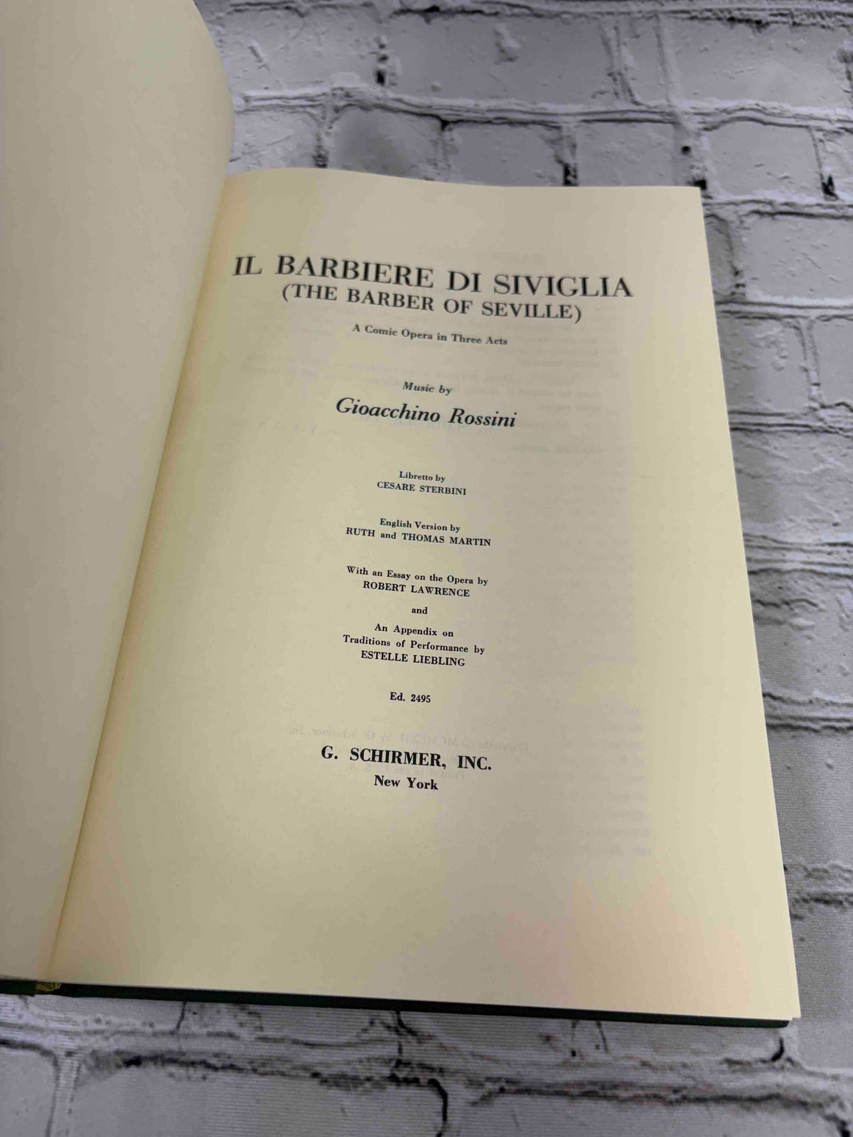 G. Schirmer Opera Vocal Scores Set of 3 by Rossini, Bizet and Offenbach, 1958-1962 hardcover - Il Barbiere di Siviglia title page