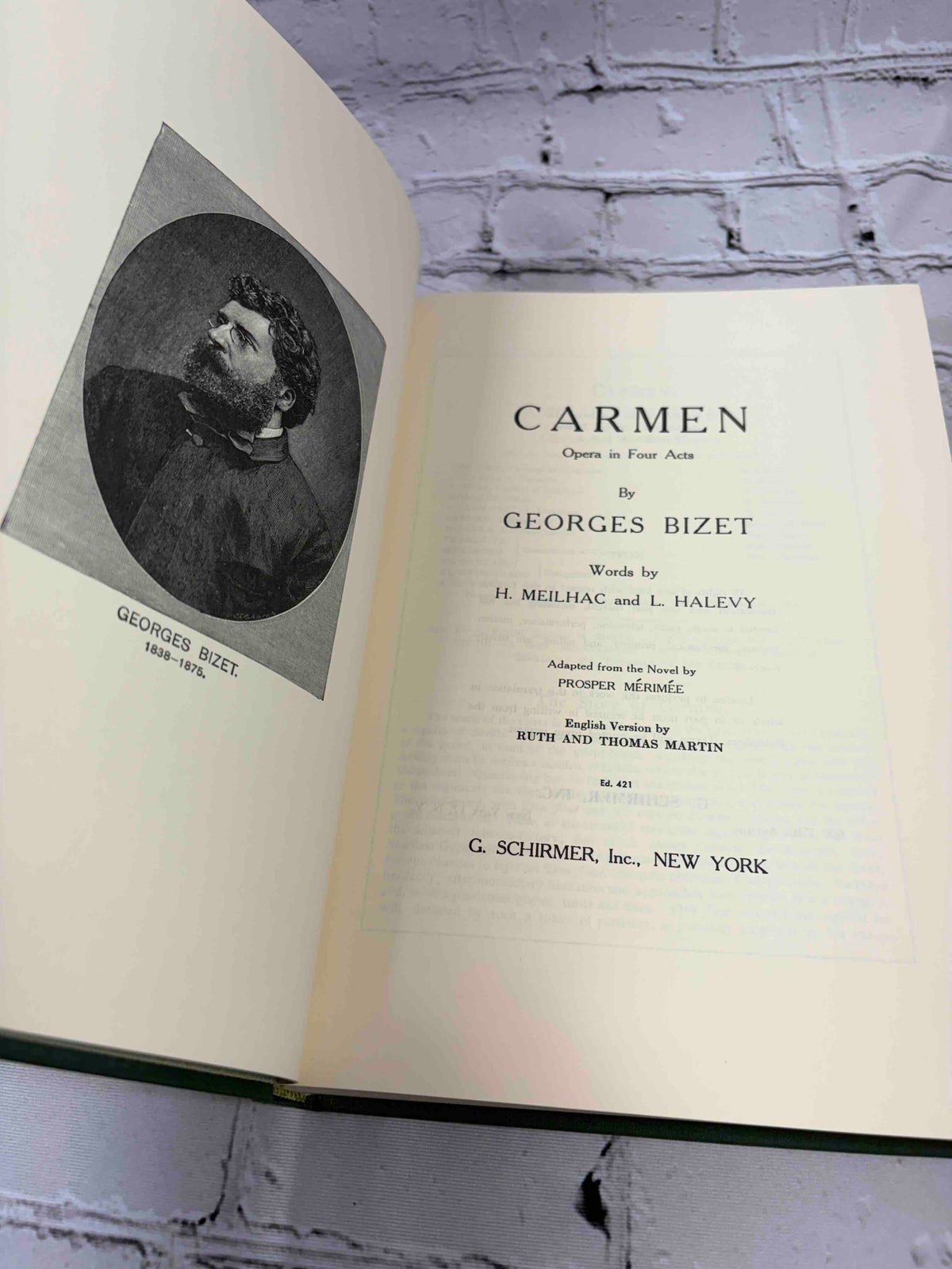G. Schirmer Opera Vocal Scores Set of 3 by Rossini, Bizet and Offenbach, 1958-1962 hardcover - Carmen portrait of Bizet and title page