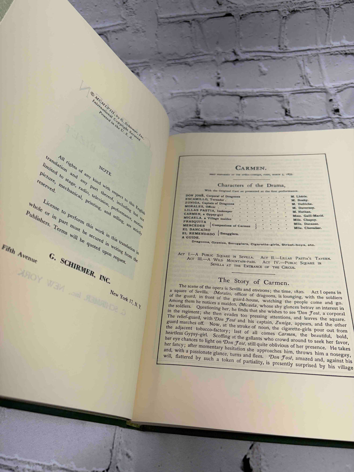 G. Schirmer Opera Vocal Scores Set of 3 by Rossini, Bizet and Offenbach, 1958-1962 hardcover - Carmen copyright page and characters of the drama