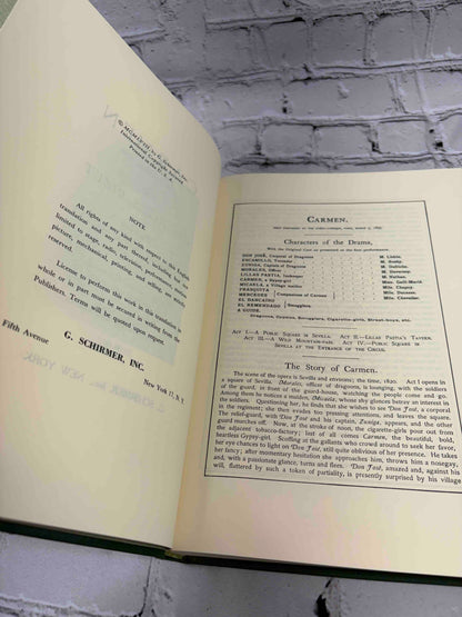 G. Schirmer Opera Vocal Scores Set of 3 by Rossini, Bizet and Offenbach, 1958-1962 hardcover - Carmen copyright page and characters of the drama