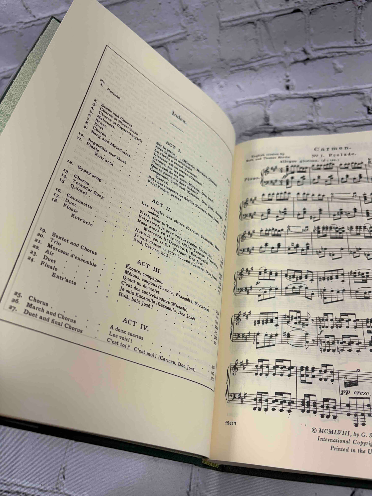G. Schirmer Opera Vocal Scores Set of 3 by Rossini, Bizet and Offenbach, 1958-1962 hardcover - Carmen index and prelude