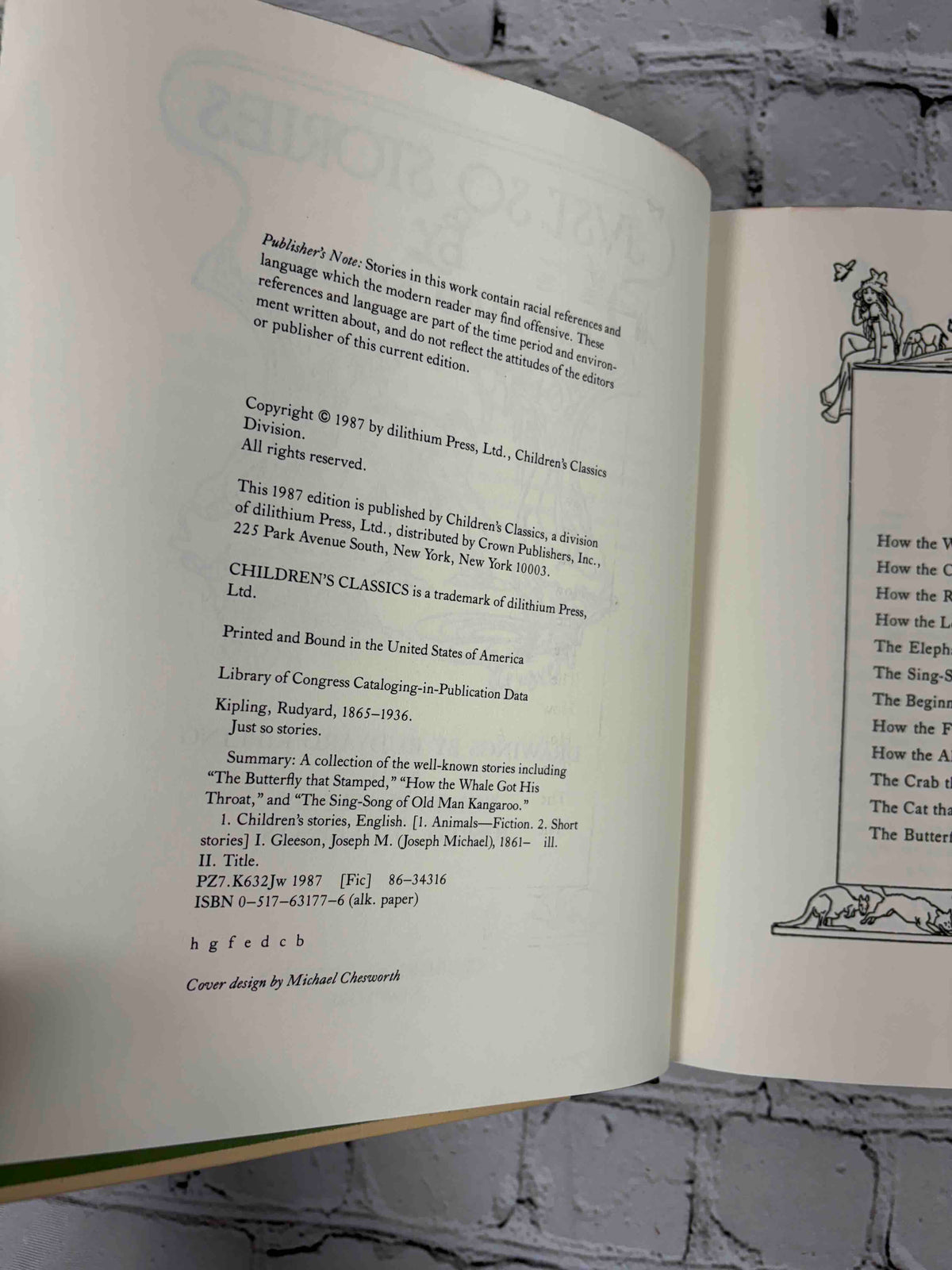 Just So Stories by Rudyard Kipling, 1987 Children's Classics hardcover - copyright page