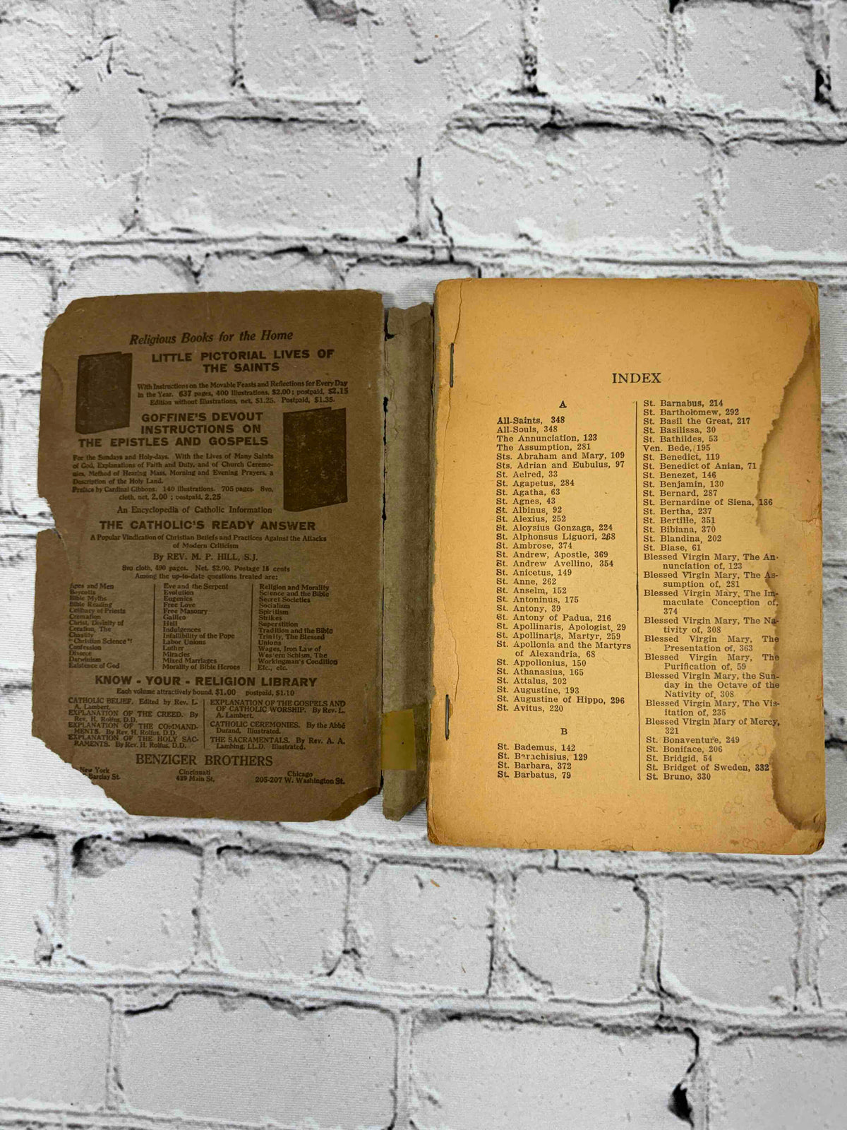 Lives of the Saints by Alban Butler, c. 1925 Benziger Brothers paperback - inside front cover advertisements and index