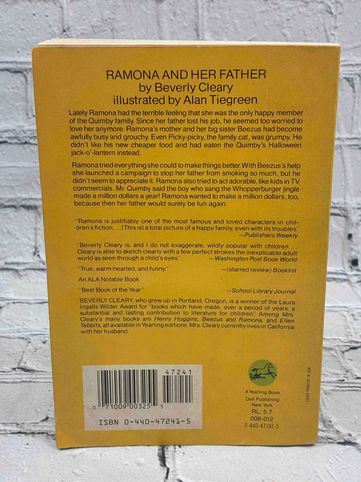 Ramona and Her Father by Beverly Cleary, Dell Yearling Paperback - back cover