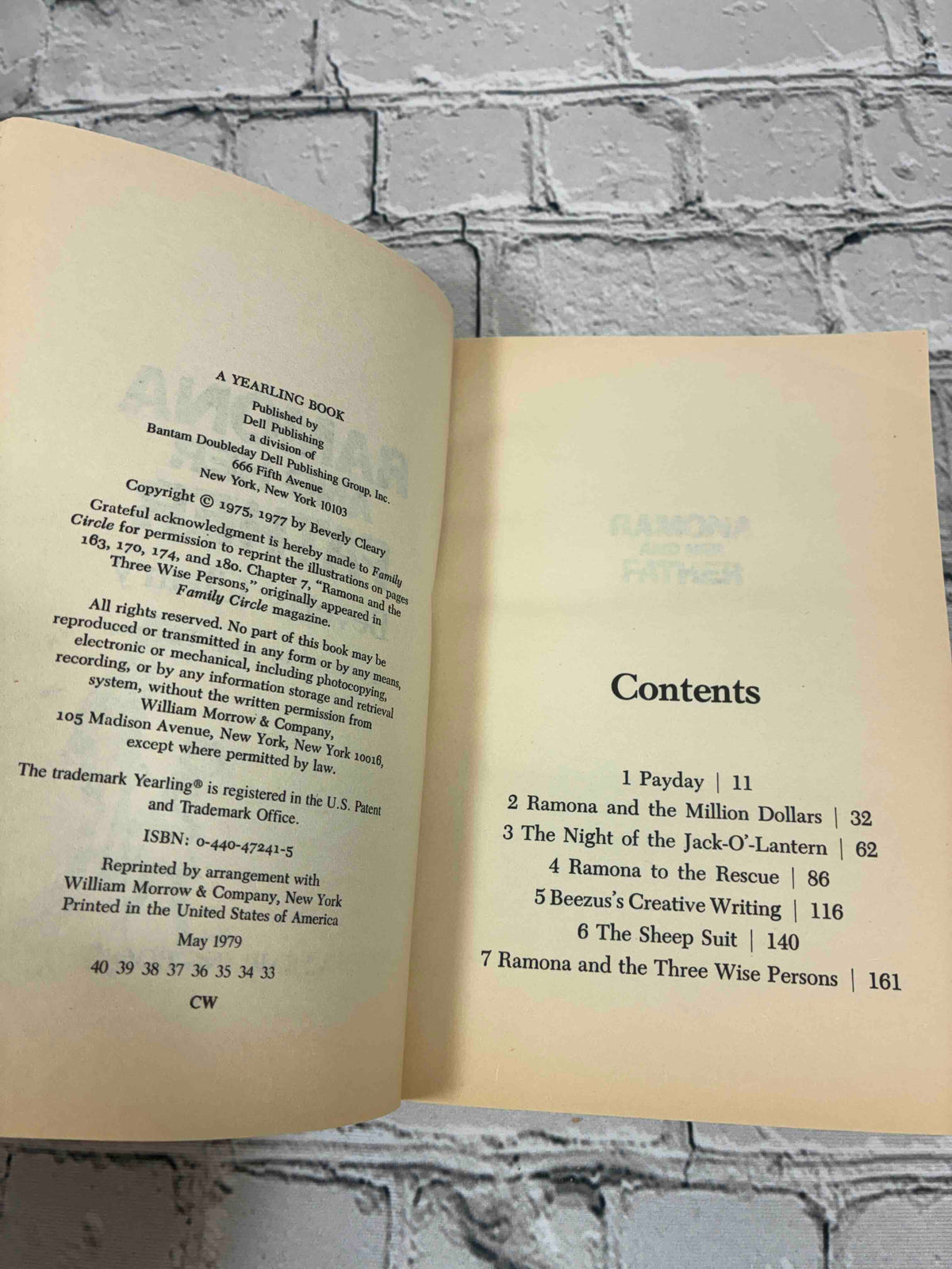 Ramona and Her Father by Beverly Cleary, Dell Yearling Paperback - copyright page and contents
