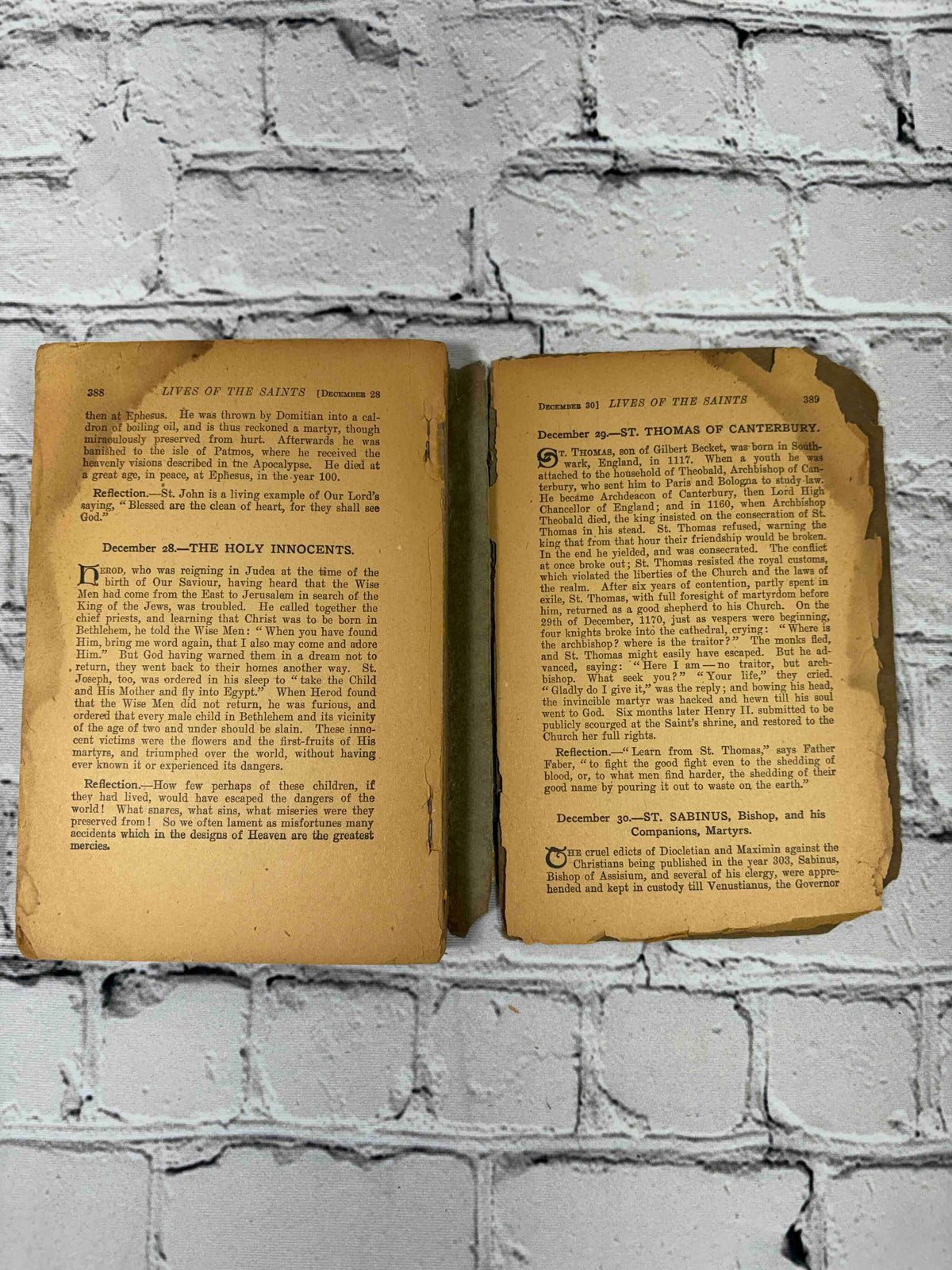 Lives of the Saints by Alban Butler, c. 1925 Benziger Brothers paperback - pages 388-389 showing chipped edges