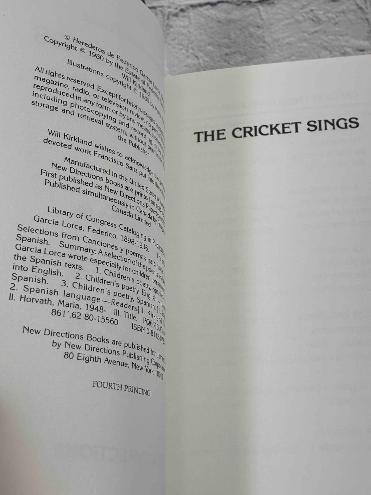 The Cricket Sings by Federico Garcia Lorca, New Directions Paperback - copyright page