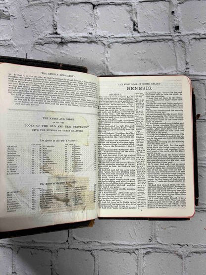Holy Bible, Oxford University Press leather - books of the Bible page with tape stain and Genesis