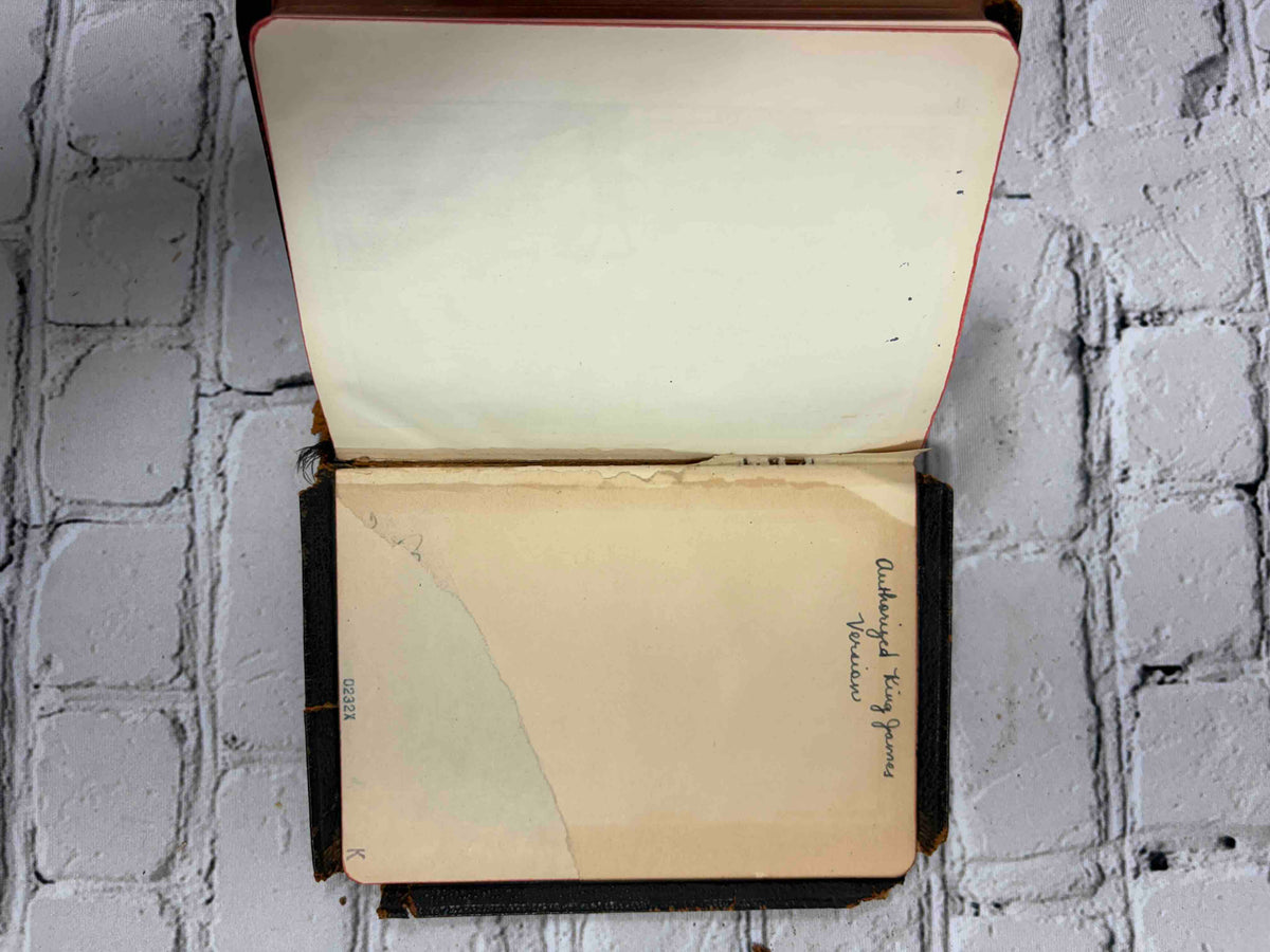 Holy Bible, Oxford University Press leather - handwritten note and stain on the rear free endpaper