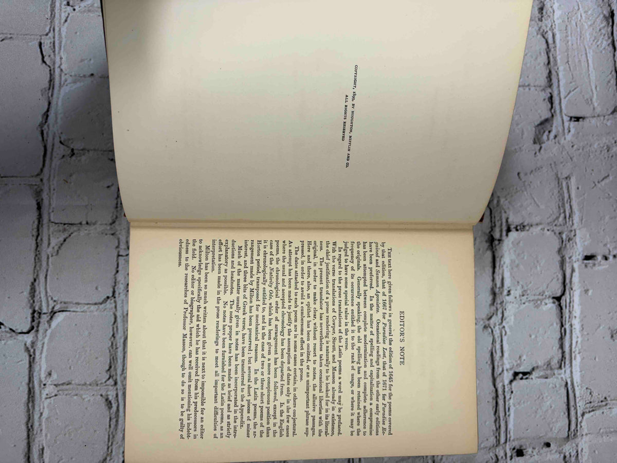 Complete Poetical Works of John Milton, 1899 Houghton Mifflin hardcover - copyright page and editor's note