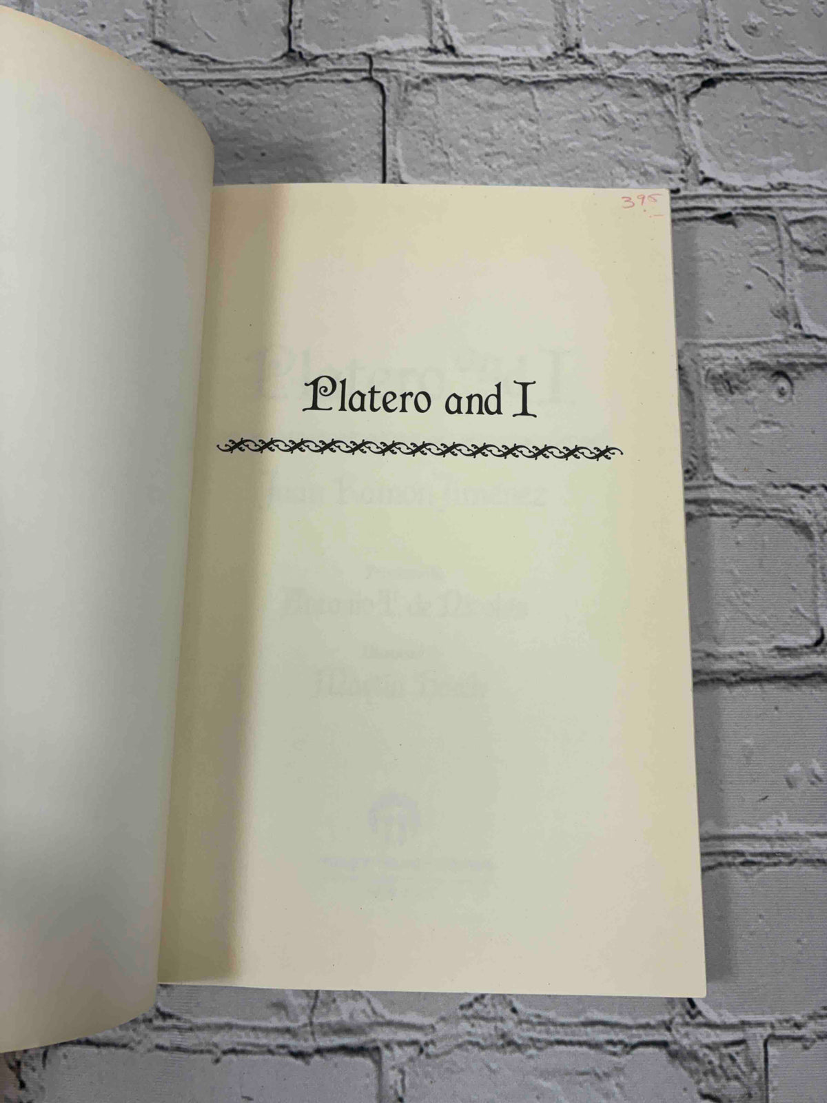 Platero and I by Juan Ramon Jimenez, 1986 Paragon House Paperback - half title page with pencil price