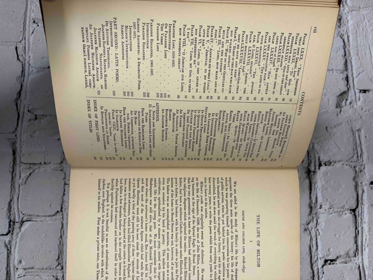 Complete Poetical Works of John Milton, 1899 Houghton Mifflin hardcover - contents and first page of The Life of Milton
