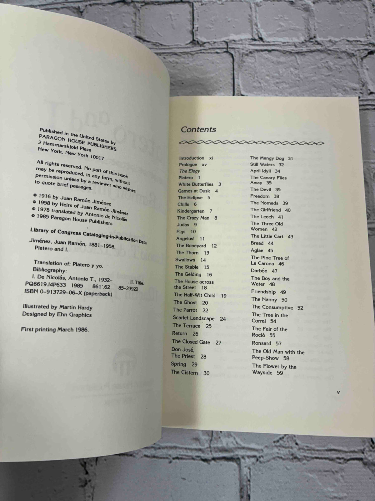 Platero and I by Juan Ramon Jimenez, 1986 Paragon House Paperback - copyright page and contents