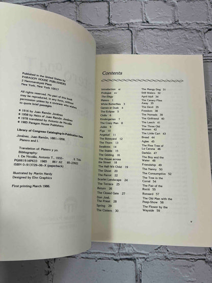 Platero and I by Juan Ramon Jimenez, 1986 Paragon House Paperback - copyright page and contents