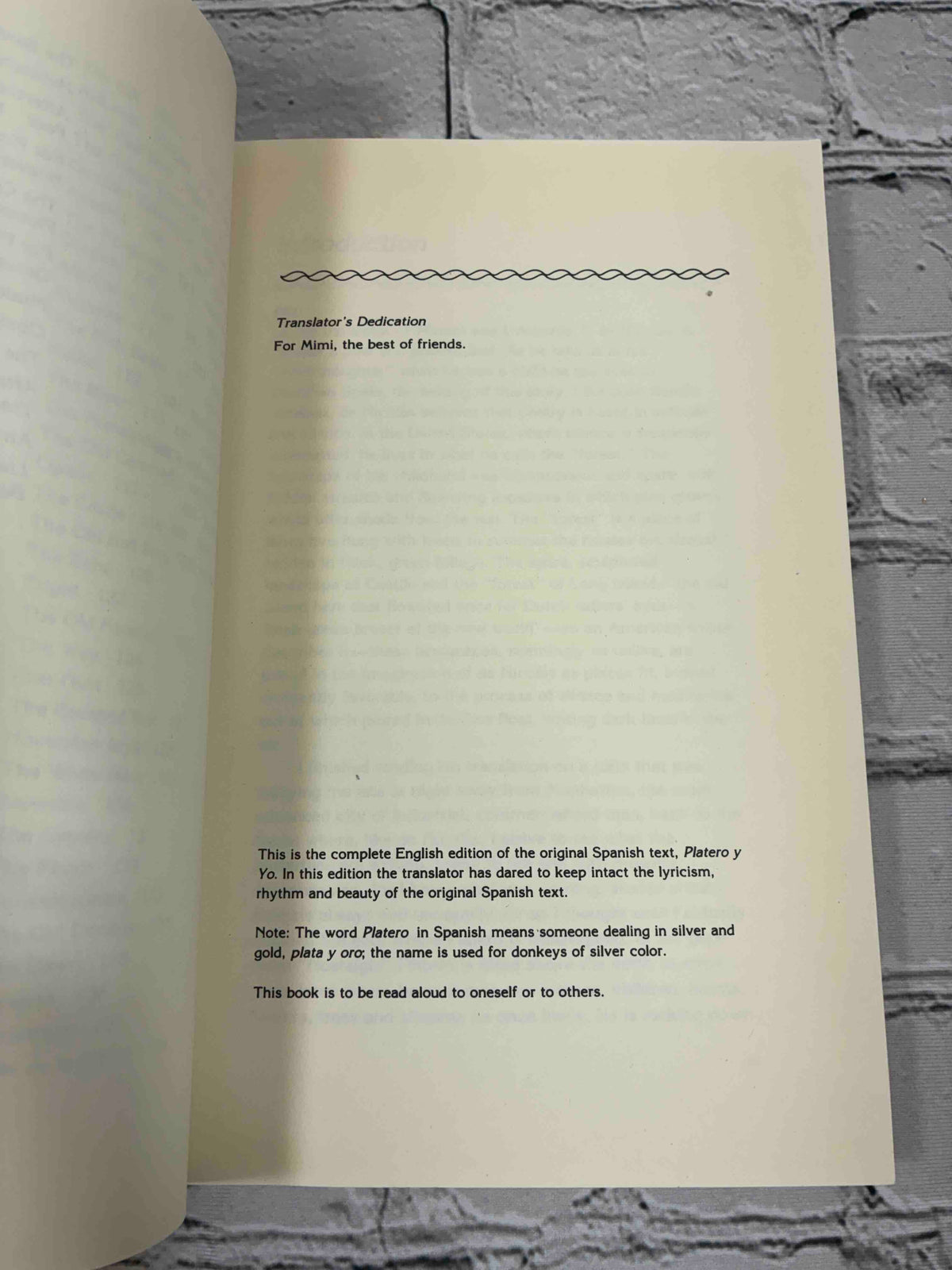 Platero and I by Juan Ramon Jimenez, 1986 Paragon House Paperback - translator's dedication and note