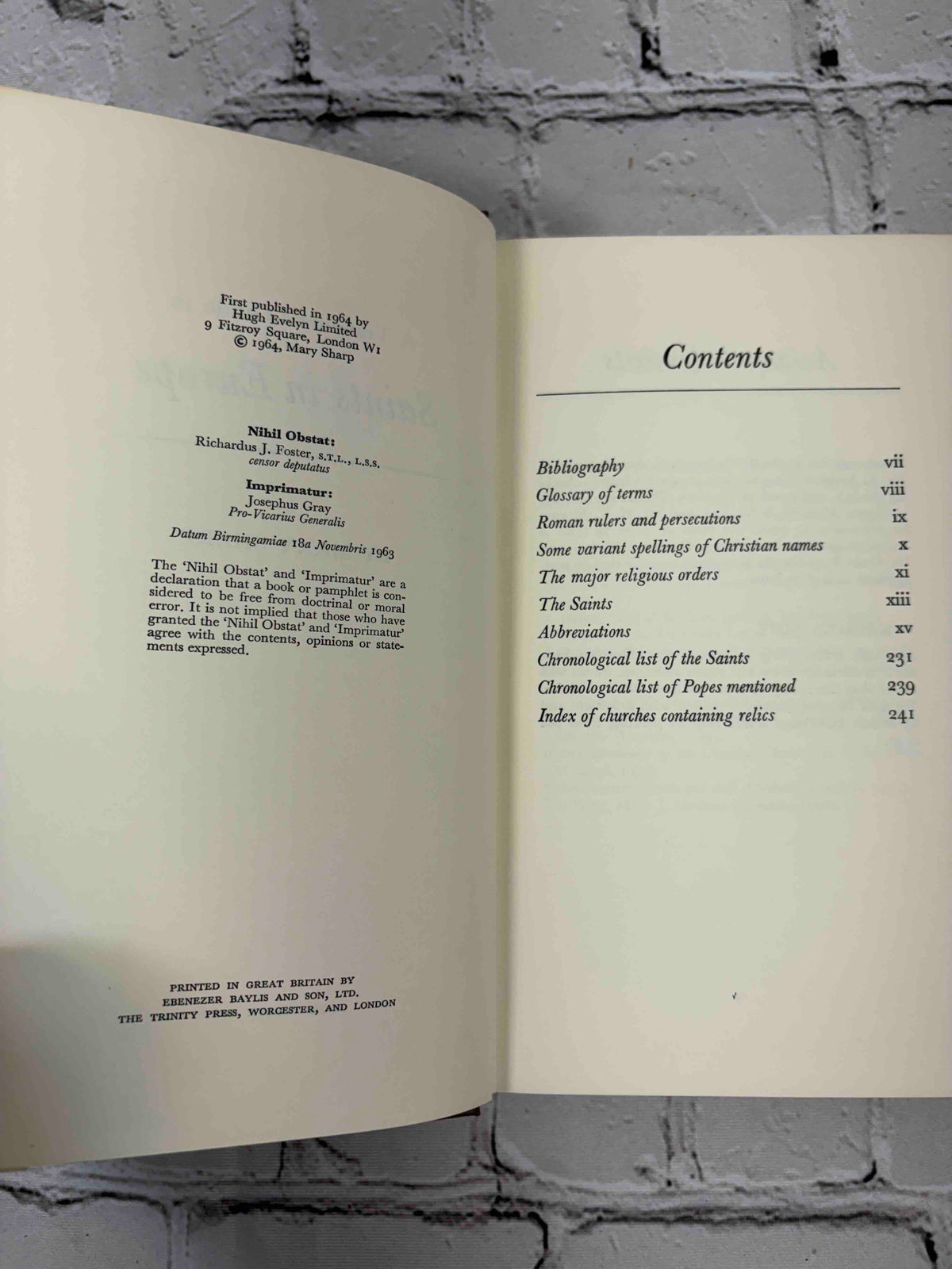 A Traveller's Guide to Saints in Europe by Mary Sharp, 1964 Hugh Evelyn hardcover - copyright page and contents