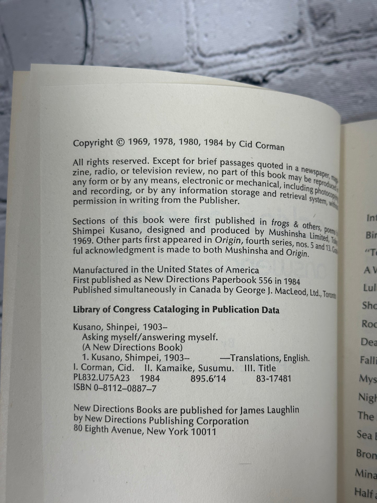 Asking Myself, Answering Myself: Poems by Shimpei Kusano [1984]