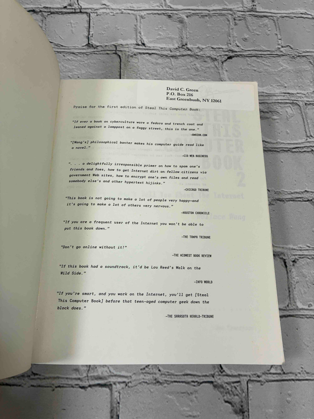 Steal This Computer Book 2 by Wallace Wang, 2002 No Starch Press Trade Paperback - first page with owner address label