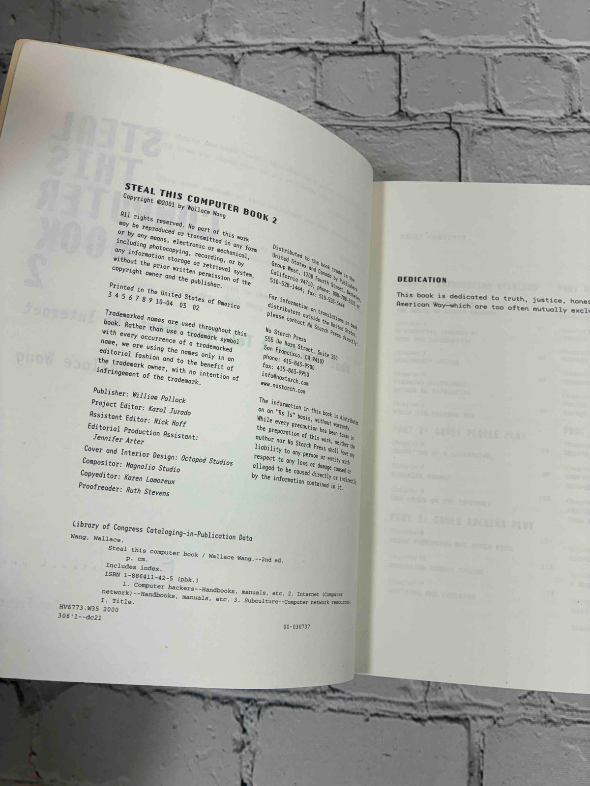 Steal This Computer Book 2 by Wallace Wang, 2002 No Starch Press Trade Paperback - copyright page