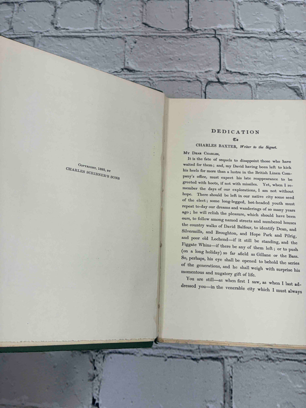 David Balfour by Robert Louis Stevenson, 1906 Scribner's hardcover - dedication page