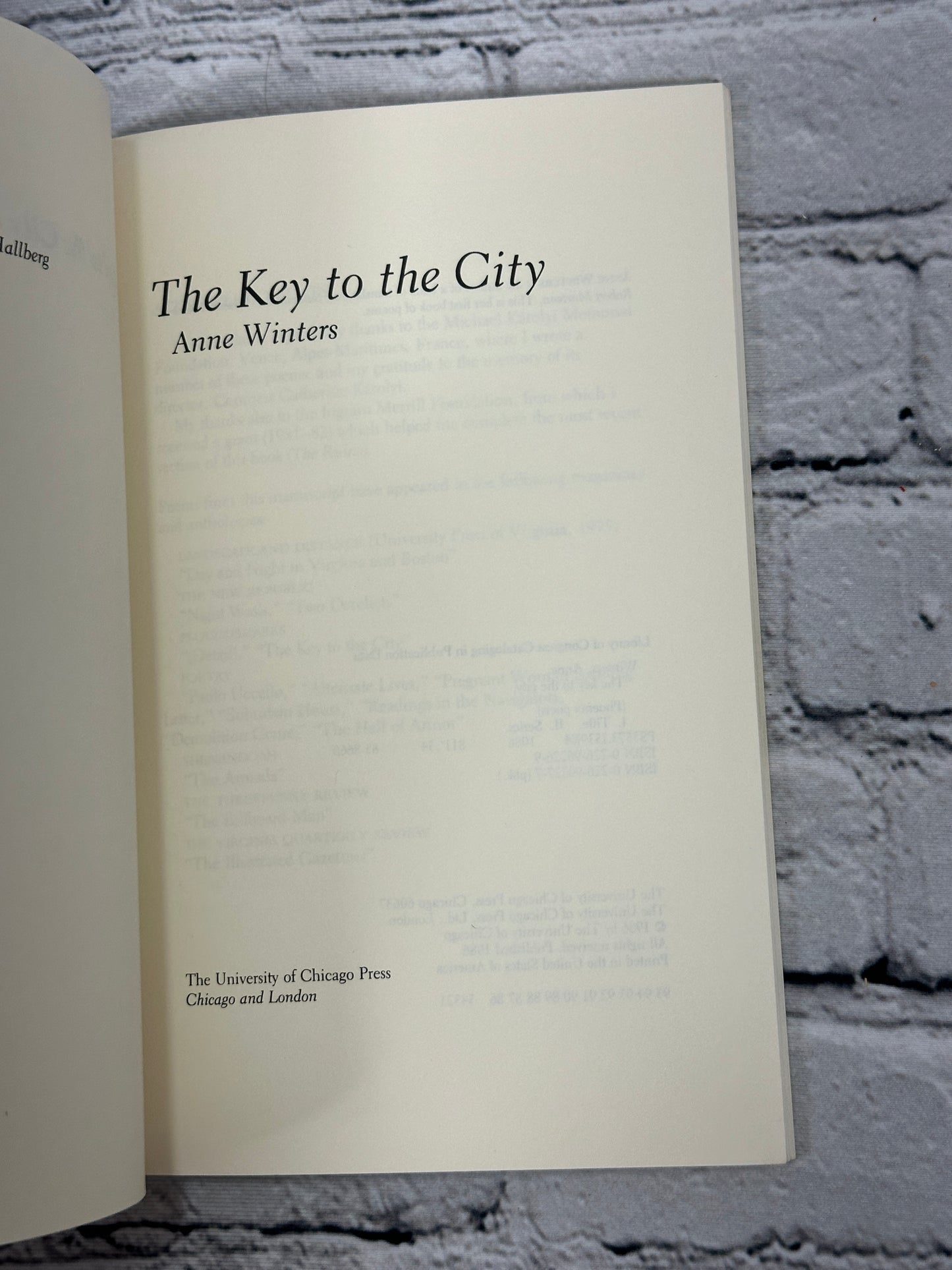 The Key to the City by Anne Winters [Pheonix Poets · 1986]