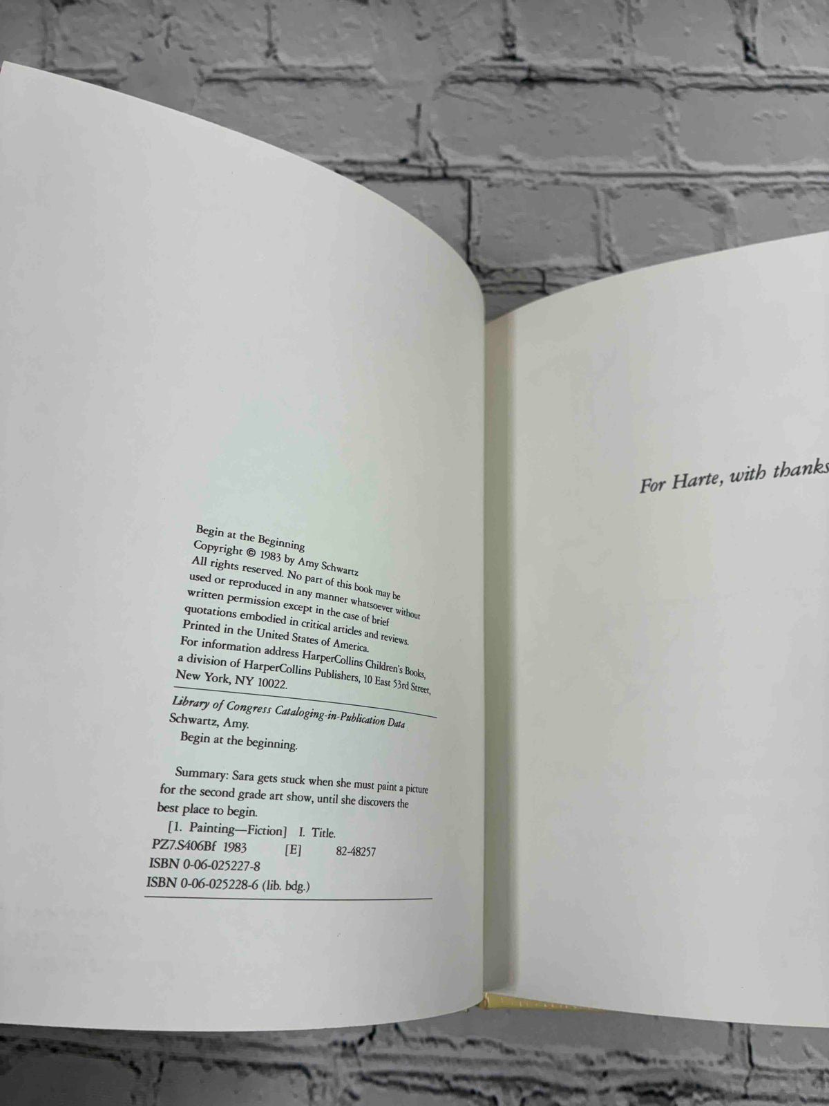 Begin at the Beginning by Amy Schwartz, 1983 ex-library hardcover - copyright and dedication pages