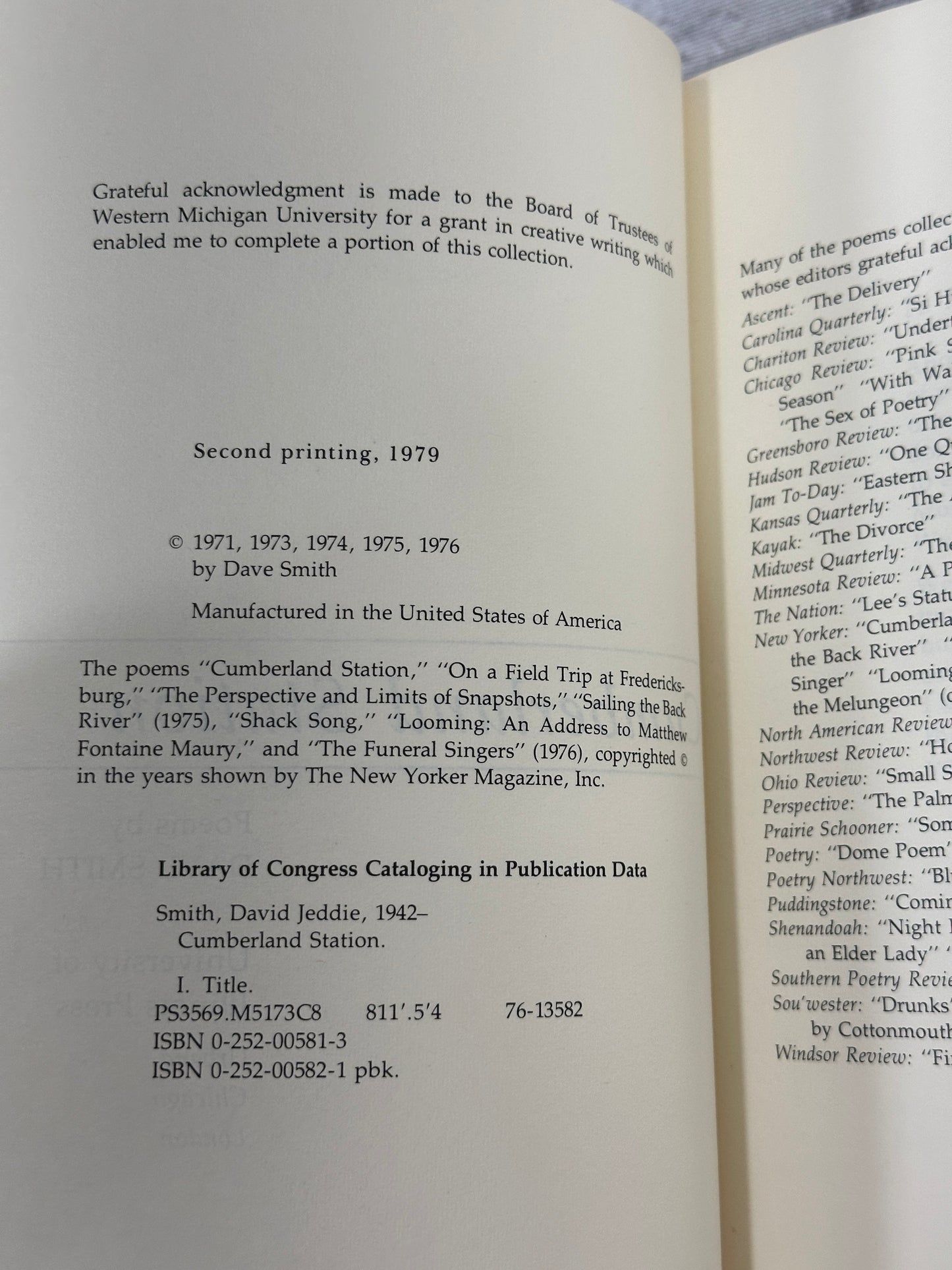 Cumberland Station Poems By Dave Smith [1979 · 2nd Print]