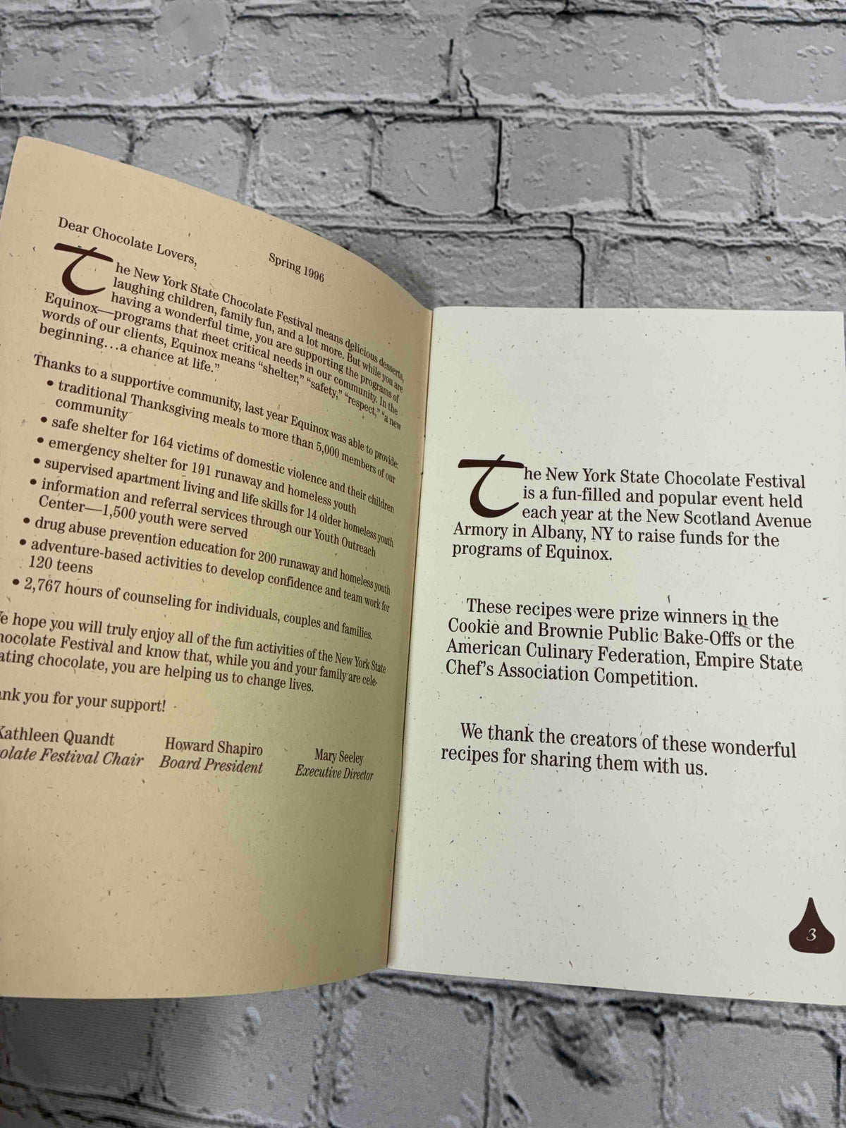 New York State Chocolate Festival: Prize-Winning Recipes, 1996 Equinox pamphlet - Spring 1996 welcome letter and introduction page