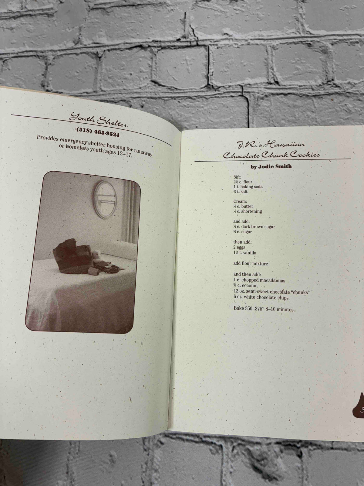 New York State Chocolate Festival: Prize-Winning Recipes, 1996 Equinox pamphlet - Youth Shelter page and J.R.'s Hawaiian Chocolate Chunk Cookies recipe