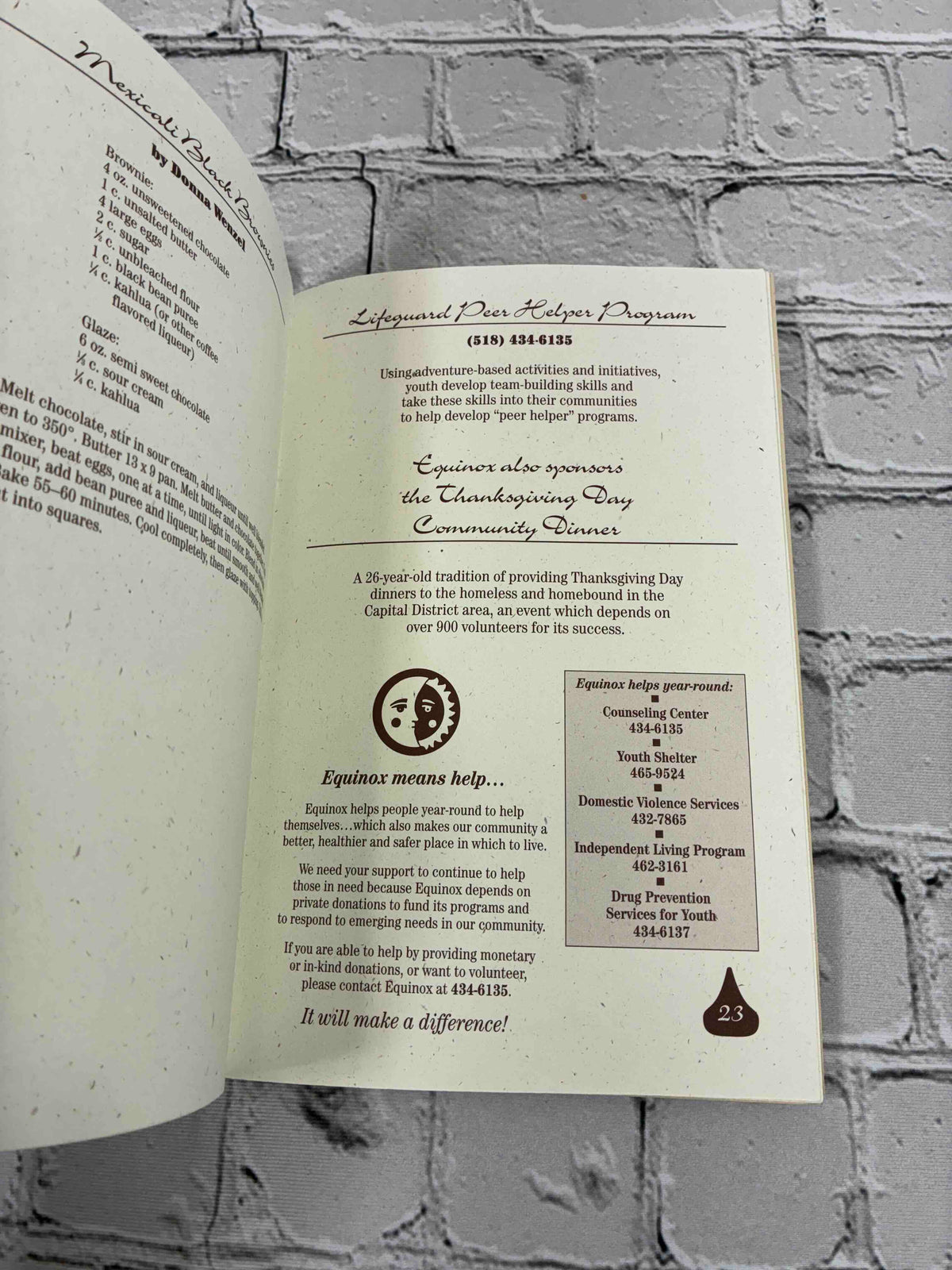 New York State Chocolate Festival: Prize-Winning Recipes, 1996 Equinox pamphlet - Mexicali Black Brownies recipe and Equinox programs page