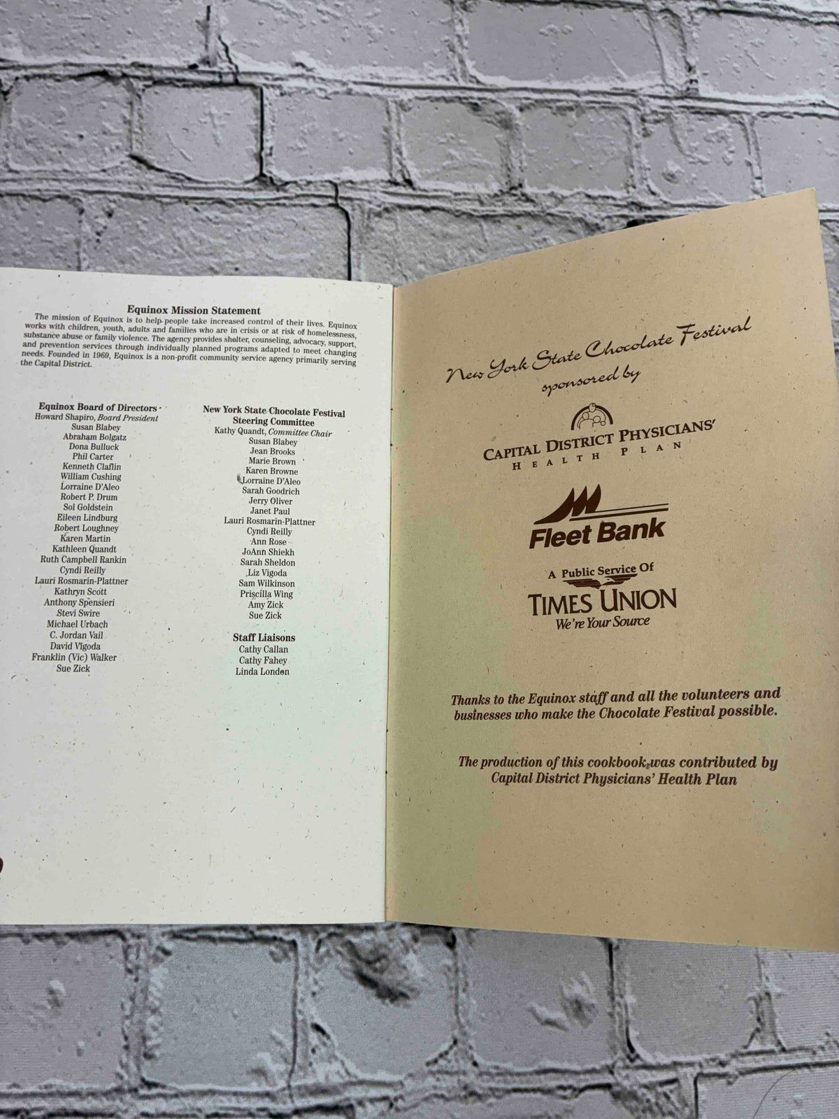 New York State Chocolate Festival: Prize-Winning Recipes, 1996 Equinox pamphlet - mission statement, board list and sponsors page