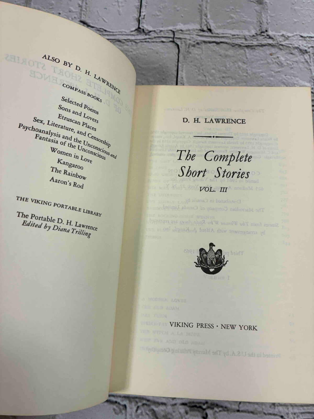 The Complete Short Stories of D.H. Lawrence Volume Three, 1965 Viking Compass paperback - also-by page and title page