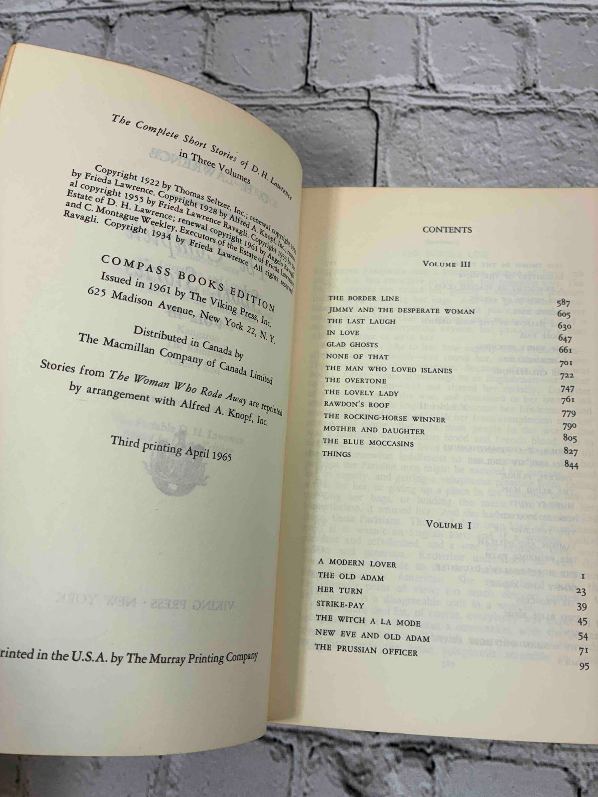 The Complete Short Stories of D.H. Lawrence Volume Three, 1965 Viking Compass paperback - copyright page and contents